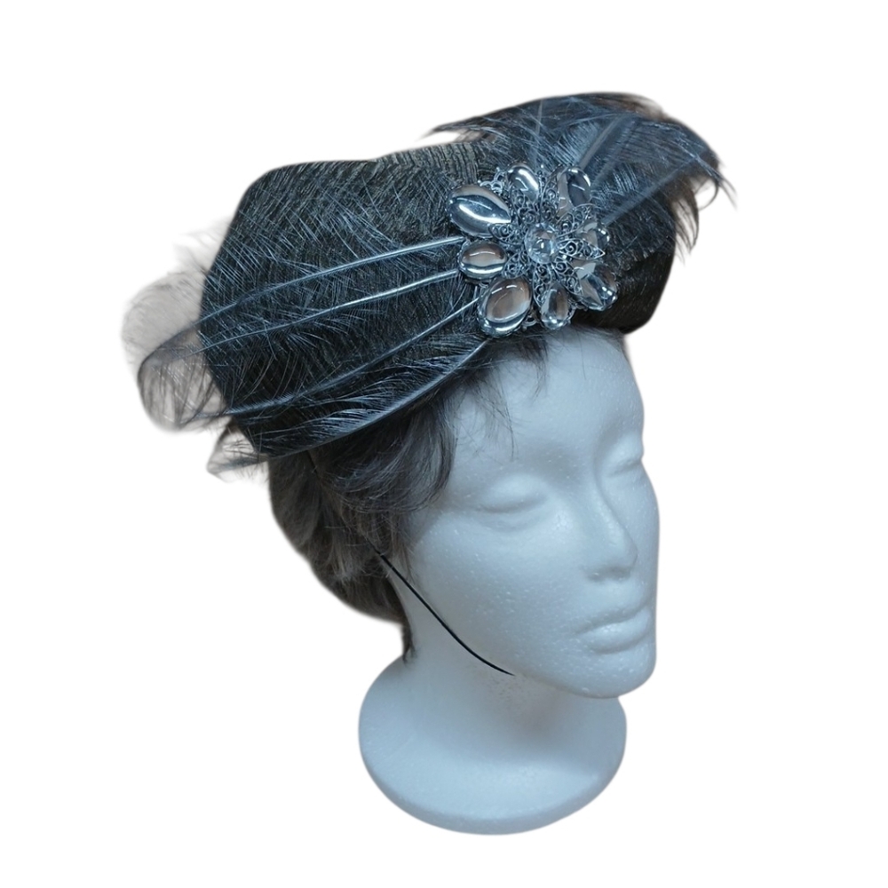 Vintage Mr. D Gray Silver Gold Shimmer Feather Fascinator with Jewel Accent